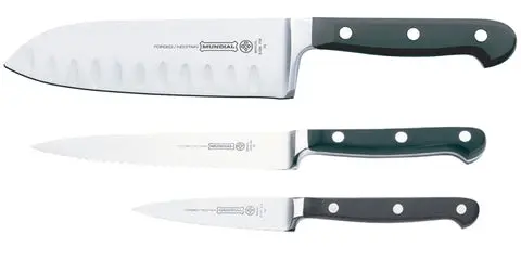 Mundial BP5000-3GE Santoku Hollow Edge, Utility Serrated and Paring Knives 3-Piece Starter Set Black